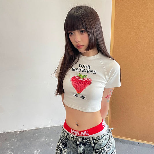 DND4DES American style love strawberry slogan print hot girl sexy navel tight short short sleeve straight shoulder t-shirt female