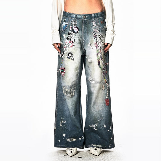 Wang Yiheng and Zhang Jie's same style DND4DES Millennium y2k cartoon chain wide-leg pants design printed jeans