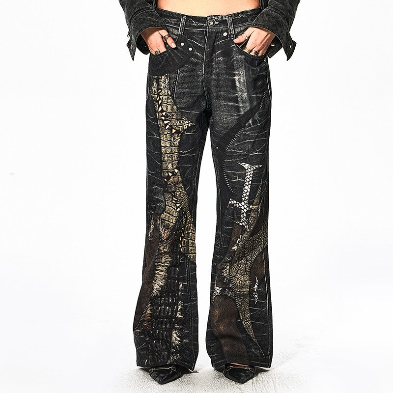 DND4DES 24AW original niche design digital printing full print cross stitching python leather flared straight pants