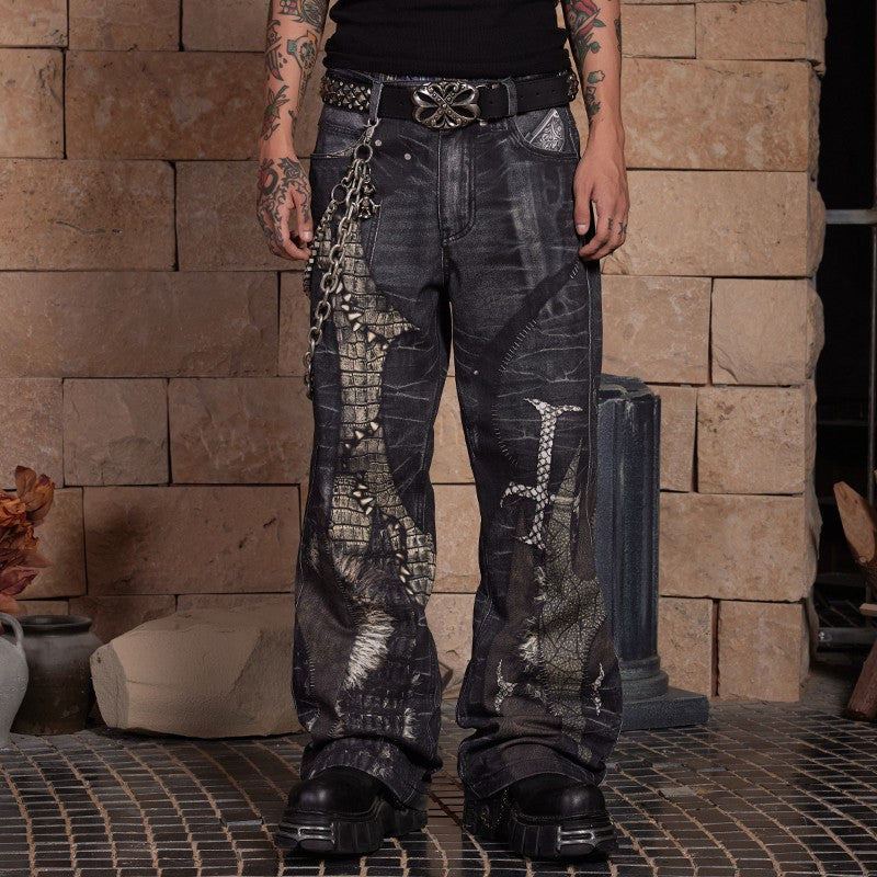 DND4DES 24AW original niche design digital printing full print cross stitching python leather flared straight pants