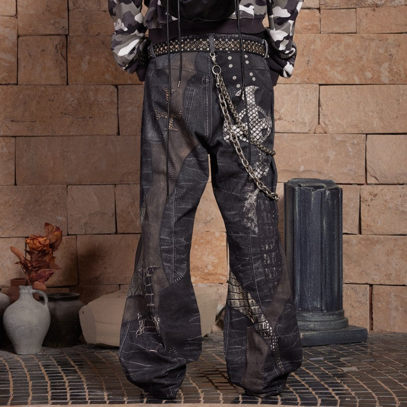 DND4DES 24AW original niche design digital printing full print cross stitching python leather flared straight pants