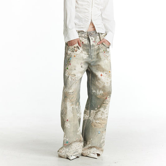 DND4DESxFayChui original design digital printed retro lace pattern straight bootcut jeans