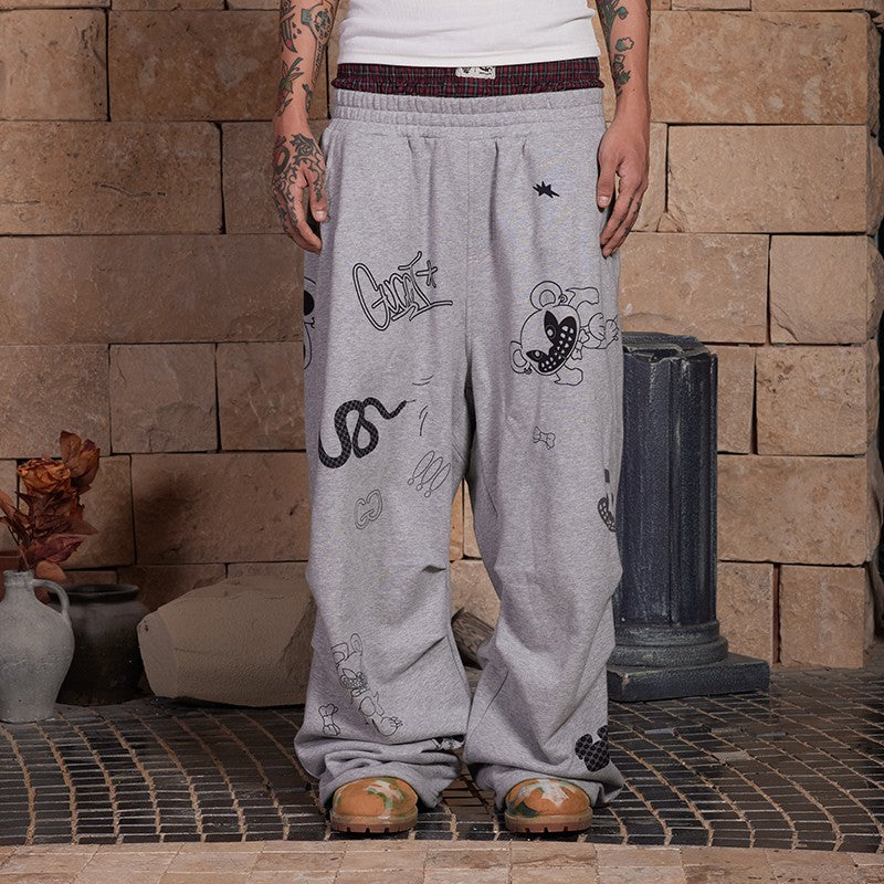 DND4DES American street graffiti print double waist stitching grey sweatpants