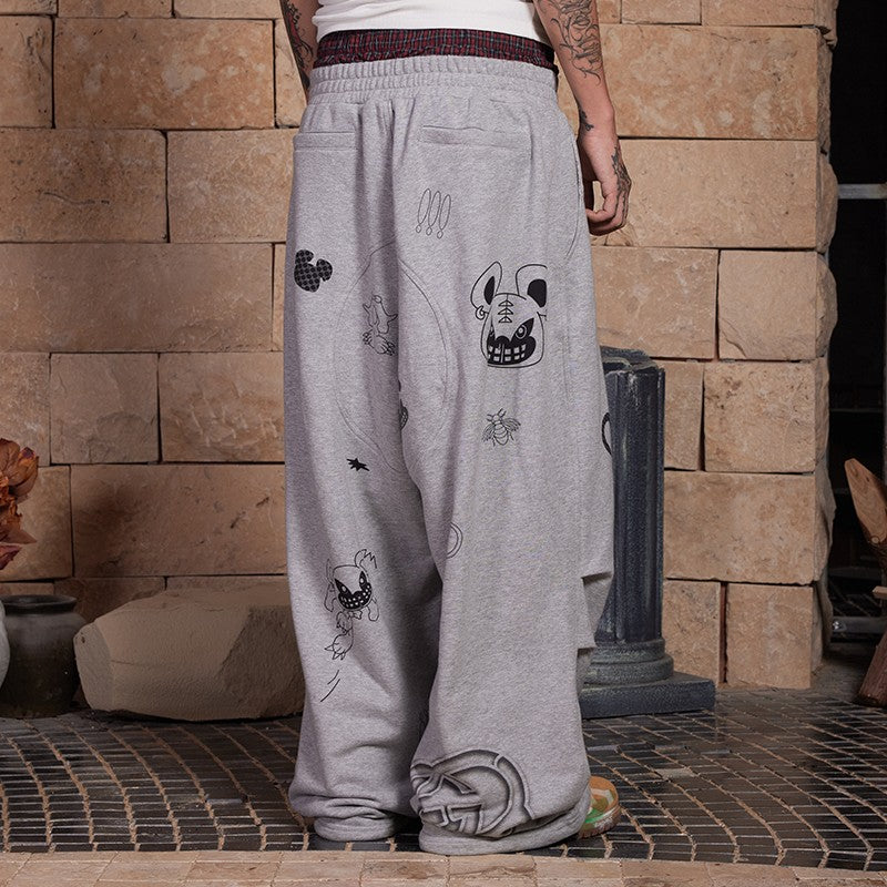 DND4DES American street graffiti print double waist stitching grey sweatpants