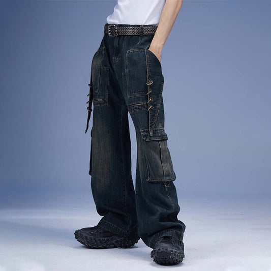 Xu Shihuan's same style DND4DES &quot;Nine Rings Big Knife Pants&quot; original retro straight black jeans