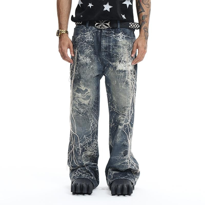 DND4DES &quot;Pansi Hole Pants&quot; American Street Style Ripped Spider Silk Embroidery Digital Printed Pants Straight Jeans