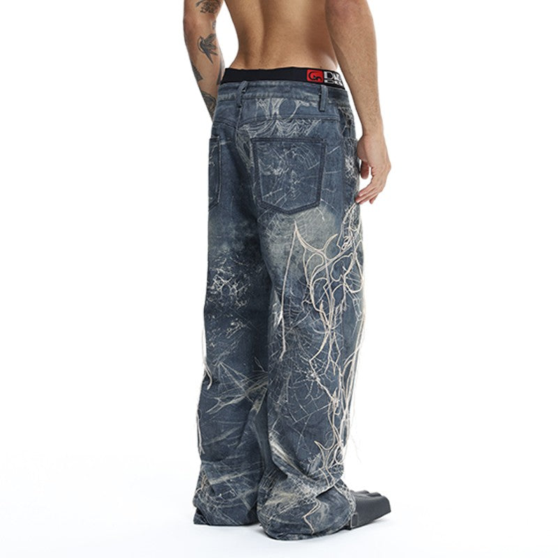 DND4DES &quot;Pansi Hole Pants&quot; American Street Style Ripped Spider Silk Embroidery Digital Printed Pants Straight Jeans