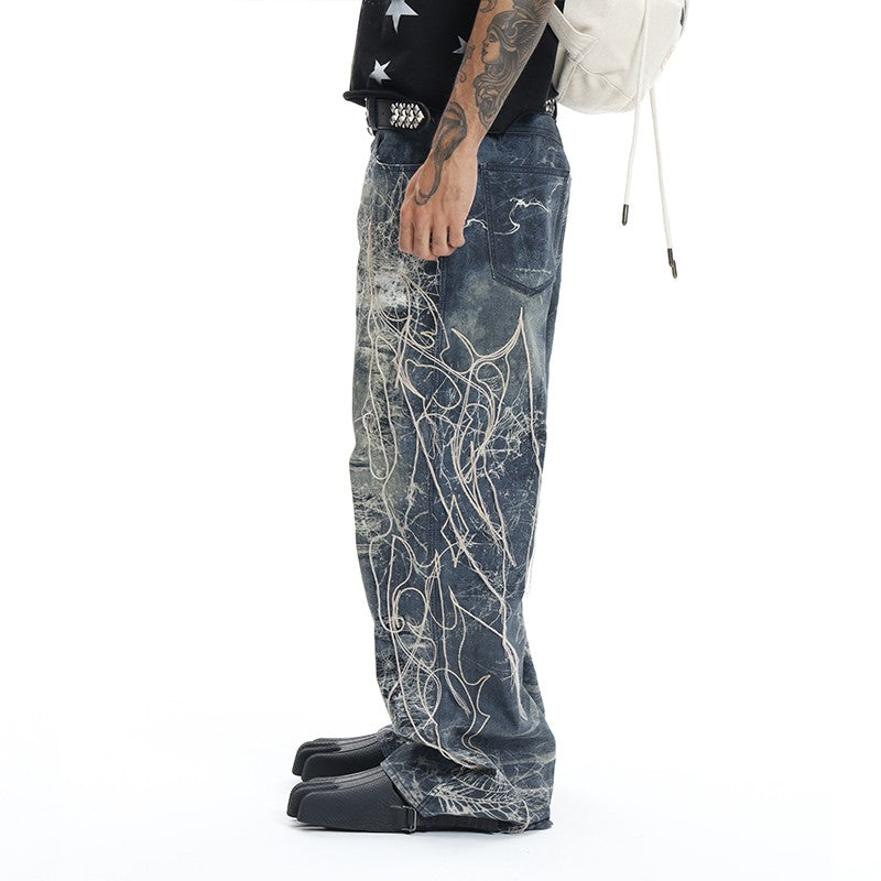 DND4DES &quot;Pansi Hole Pants&quot; American Street Style Ripped Spider Silk Embroidery Digital Printed Pants Straight Jeans