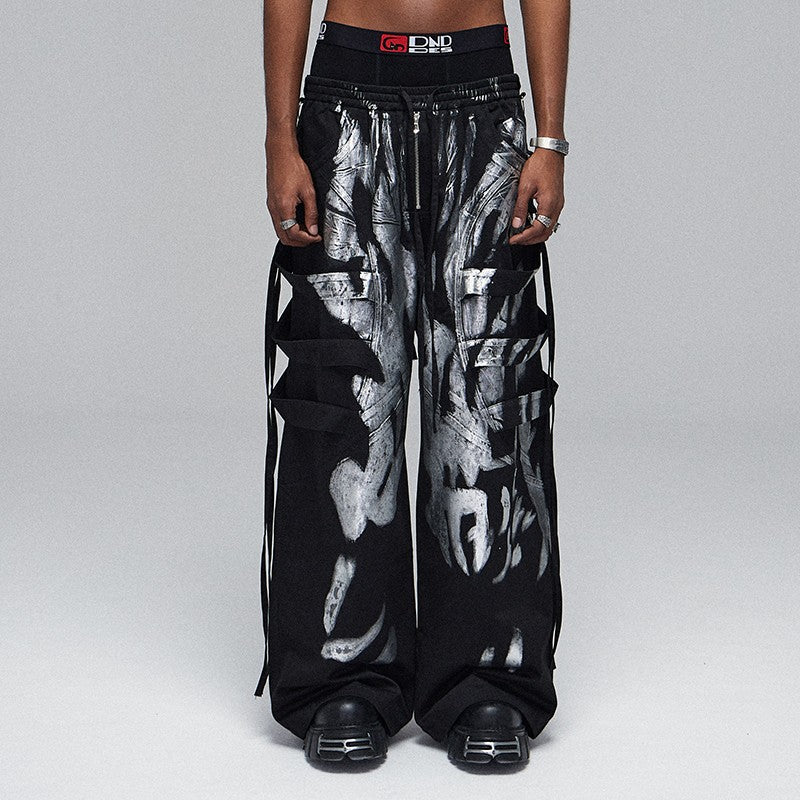 DND4DES American street dark style opium deconstruction style heavy brushed silver ribbon drawstring wide-leg pants overalls