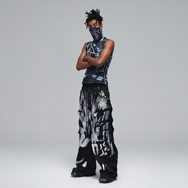 DND4DES American street dark style opium deconstruction style heavy brushed silver ribbon drawstring wide-leg pants overalls