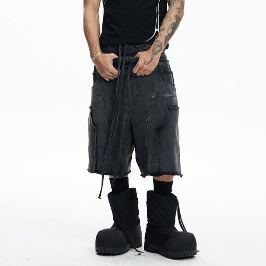 DND4DES original design deconstructed washed black and gray distressed edged 340g pure cotton shorts loose sweatpants