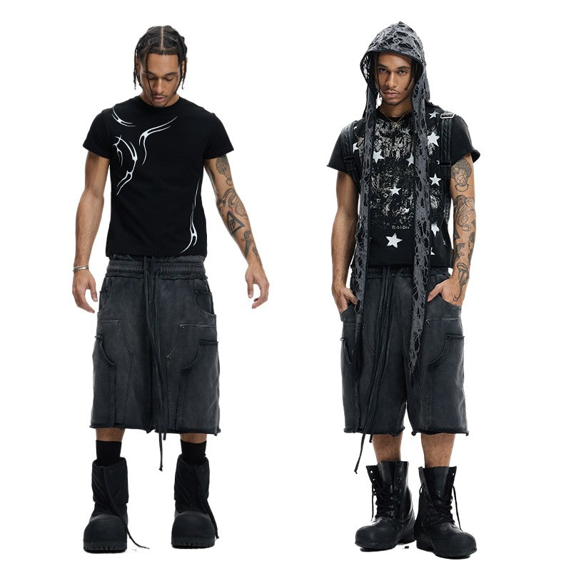 DND4DES original design deconstructed washed black and gray distressed edged 340g pure cotton shorts loose sweatpants