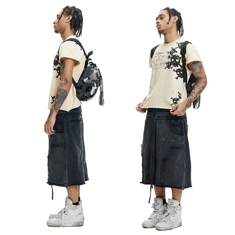 DND4DES original design deconstructed washed black and gray distressed edged 340g pure cotton shorts loose sweatpants