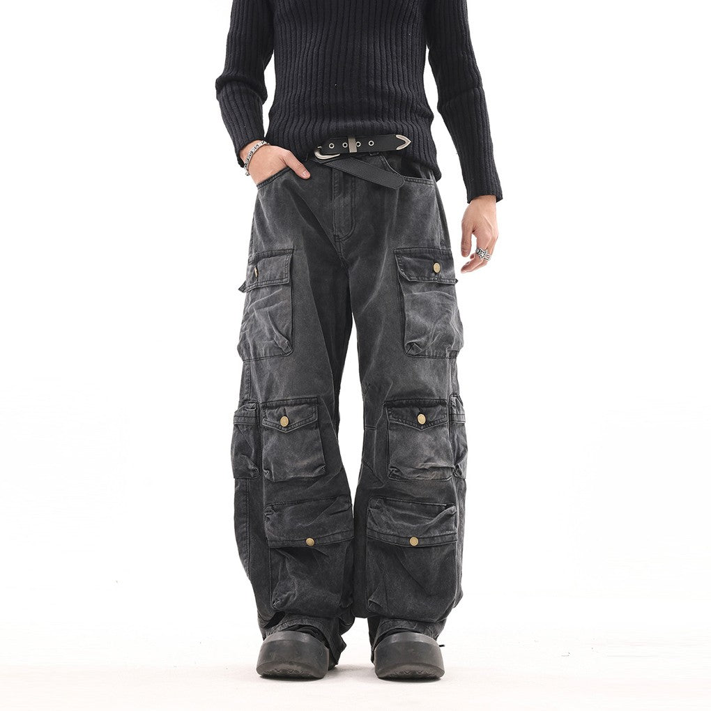 BTSG American retro multi-pocket washed old wide-leg mopping jeans niche handsome wasteland style overalls