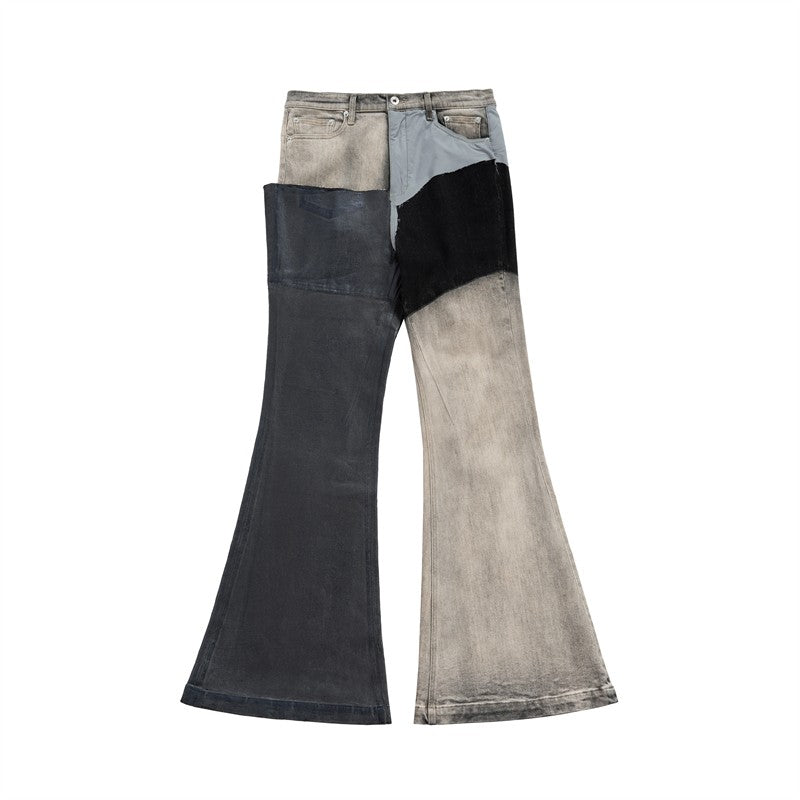 BTSG American retro RO style washed distressed stitching coated wax pants high street stacked wide-leg flared jeans