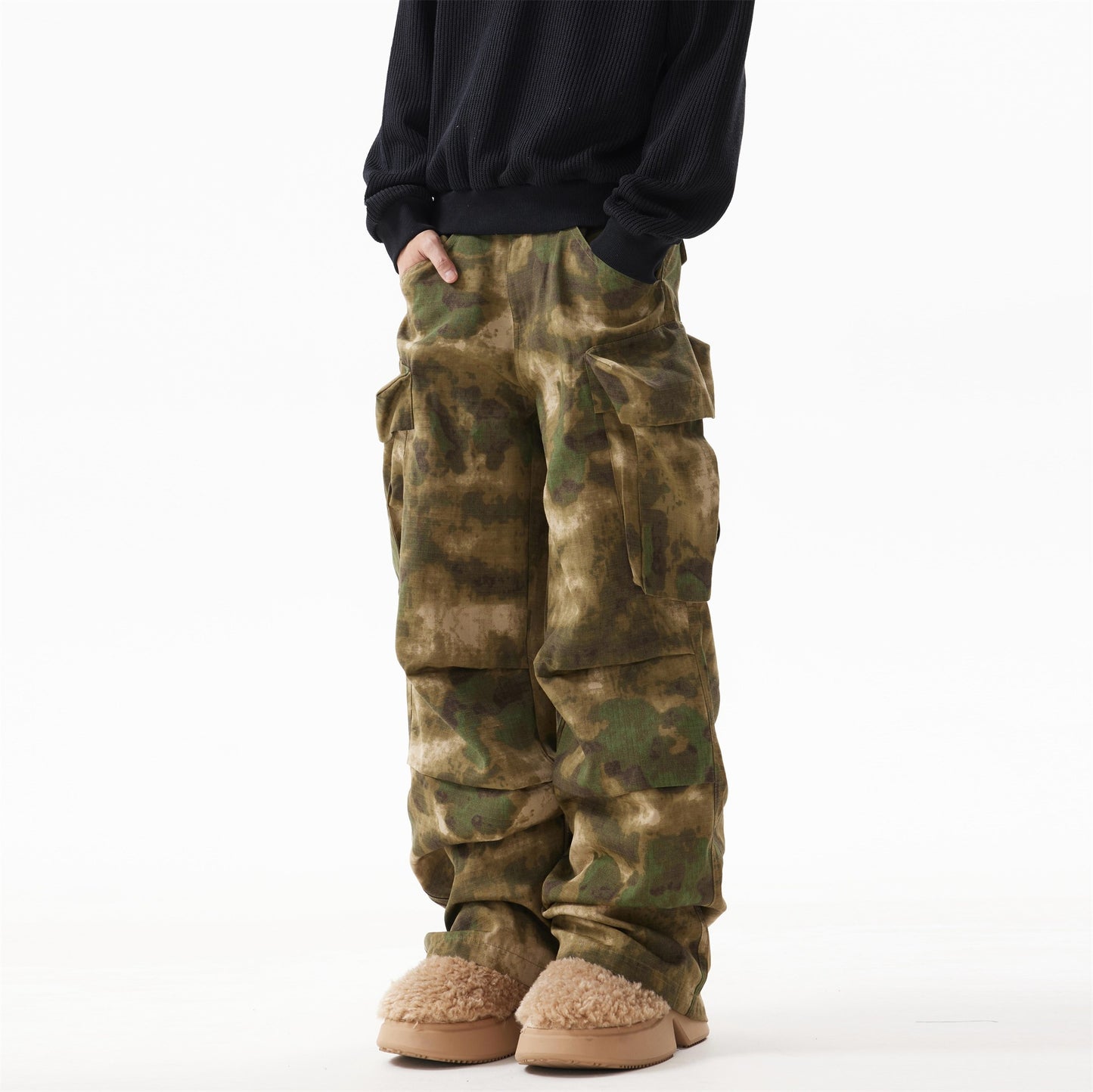 BTSG American retro smudged pleated design baggy camouflage overalls casual multi-pocket shell trousers