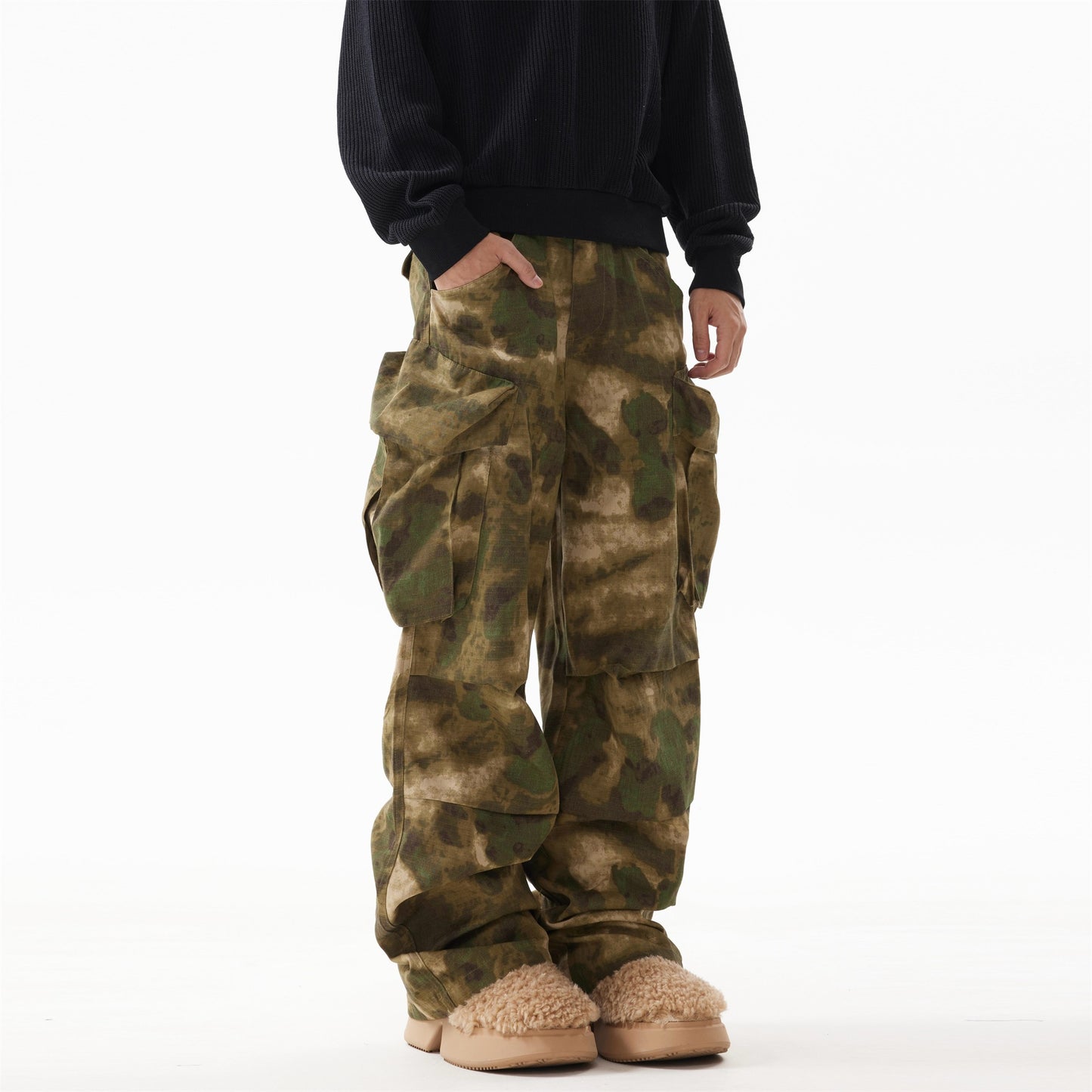 BTSG American retro smudged pleated design baggy camouflage overalls casual multi-pocket shell trousers