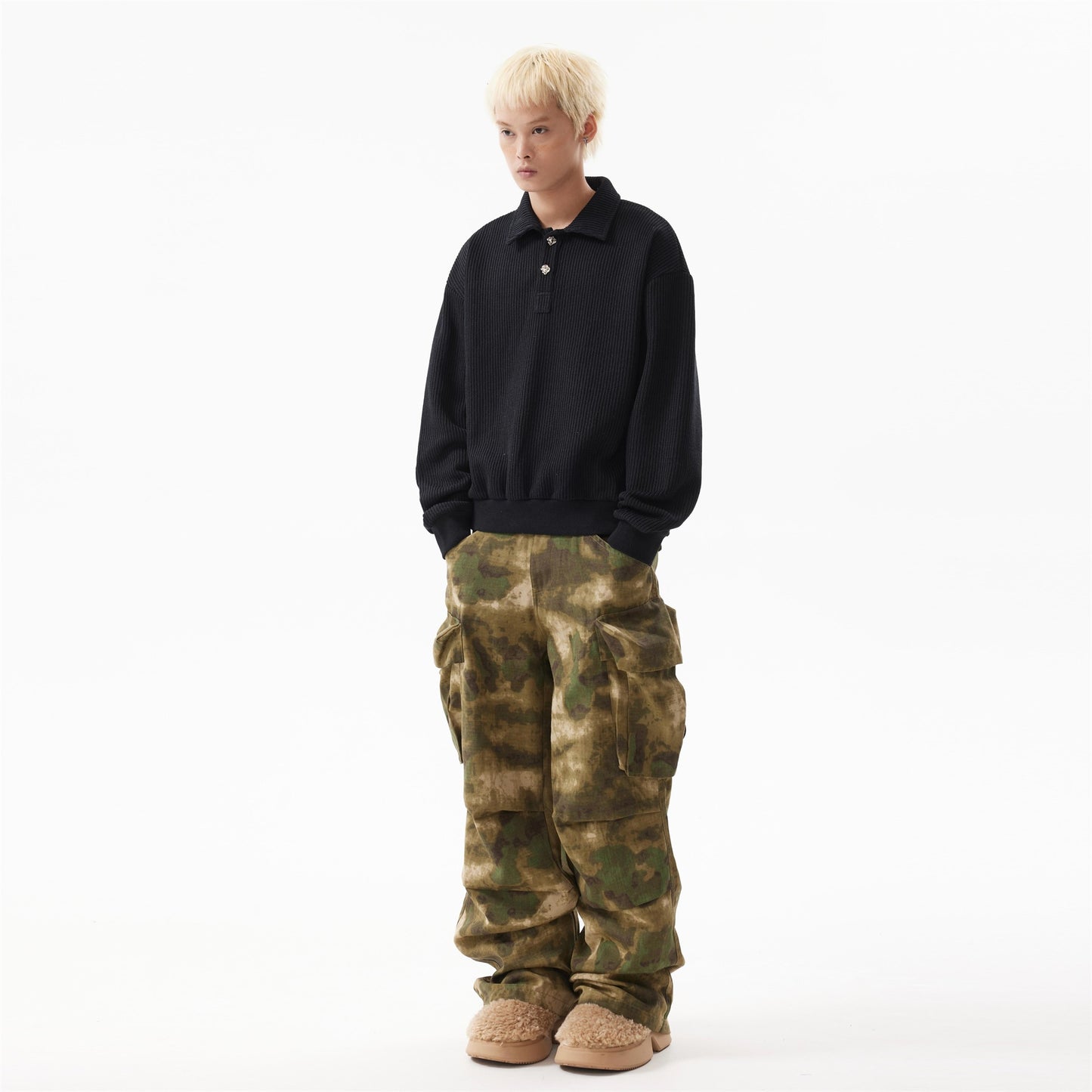 BTSG American retro smudged pleated design baggy camouflage overalls casual multi-pocket shell trousers