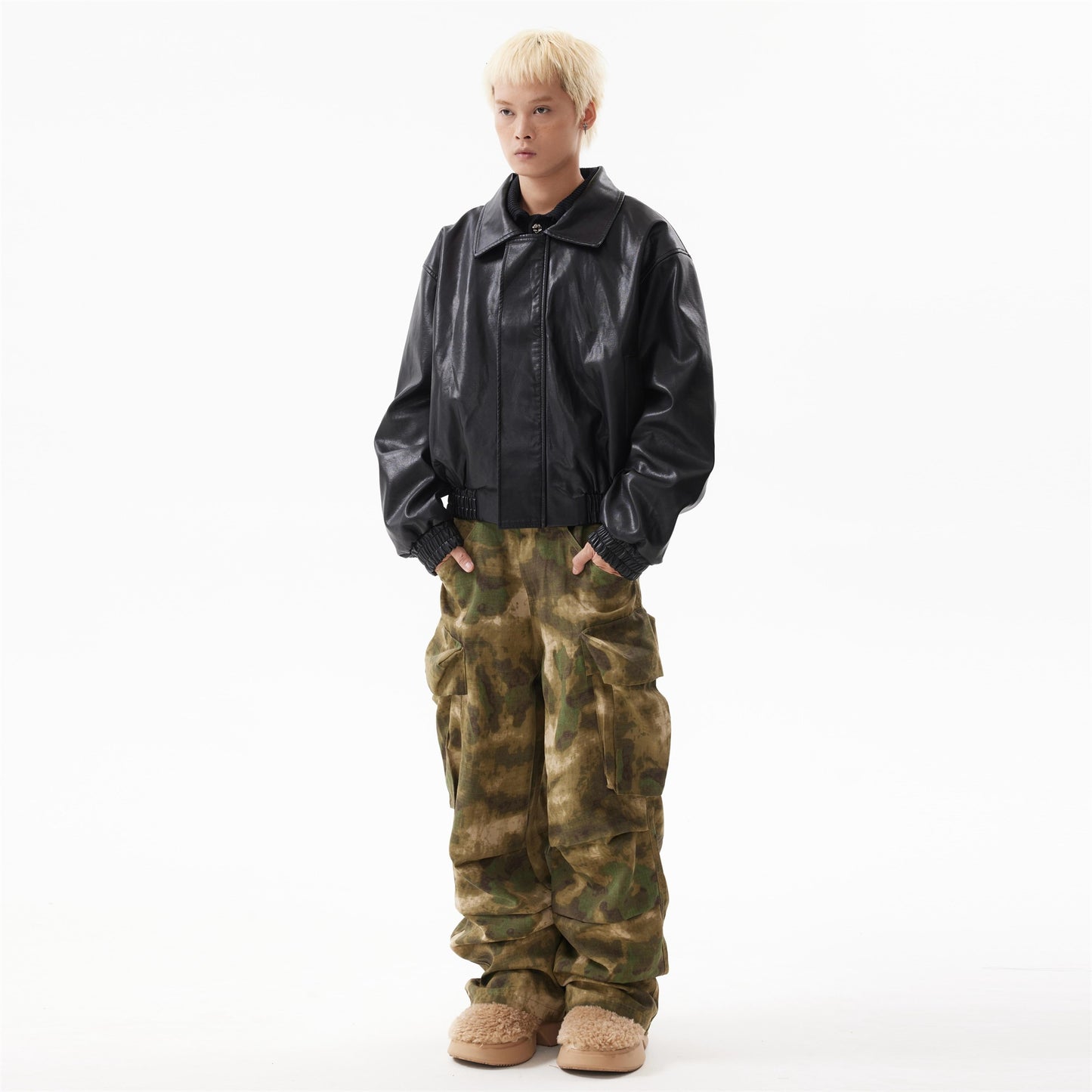 BTSG American retro smudged pleated design baggy camouflage overalls casual multi-pocket shell trousers