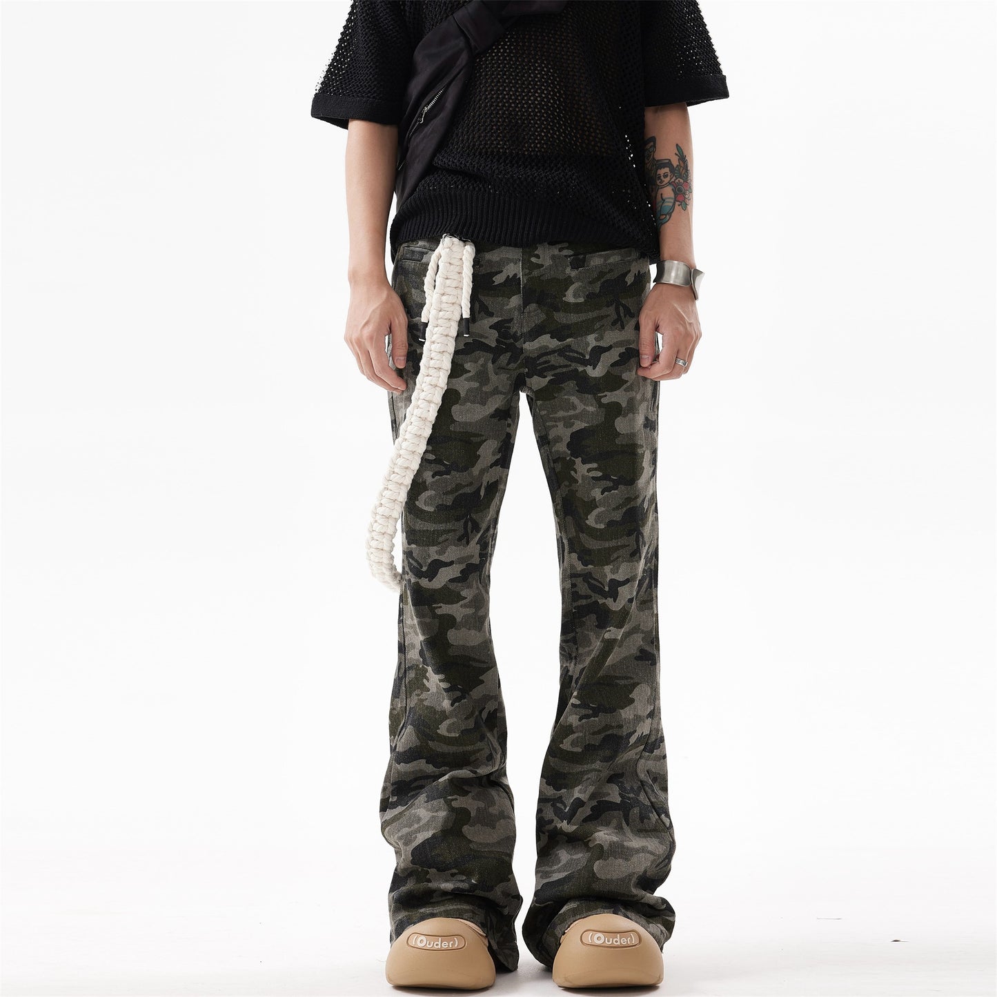 BTSG American retro destruction camouflage flared overalls vibe street men and women slim fit casual trousers trend