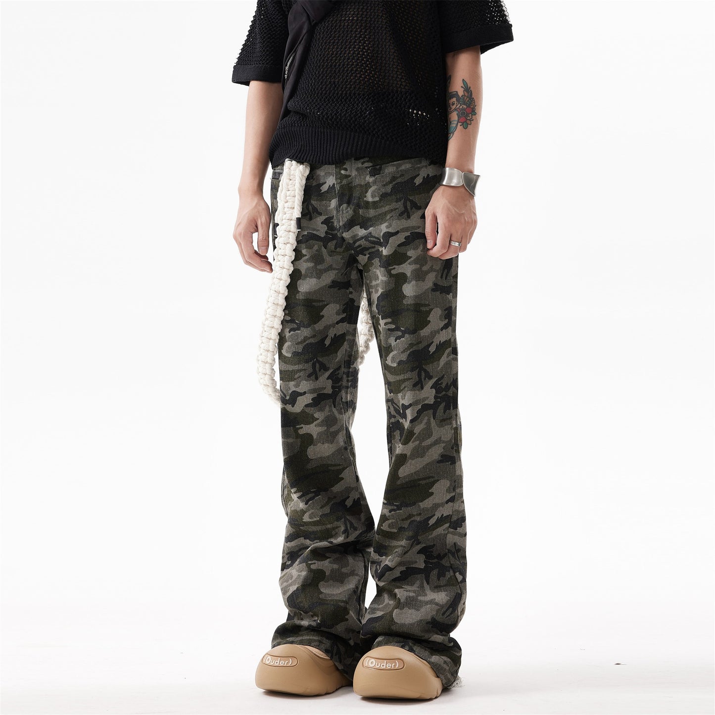 BTSG American retro destruction camouflage flared overalls vibe street men and women slim fit casual trousers trend