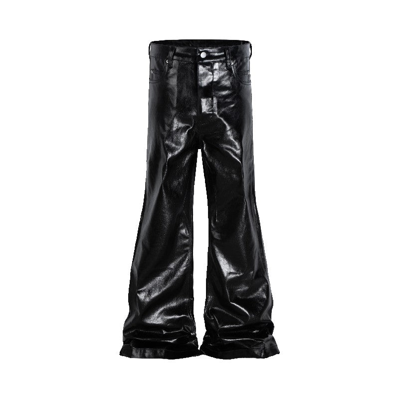 BTSG American retro high street RO style coated wax shiny leather pants trendy brand loose mopping flared jeans