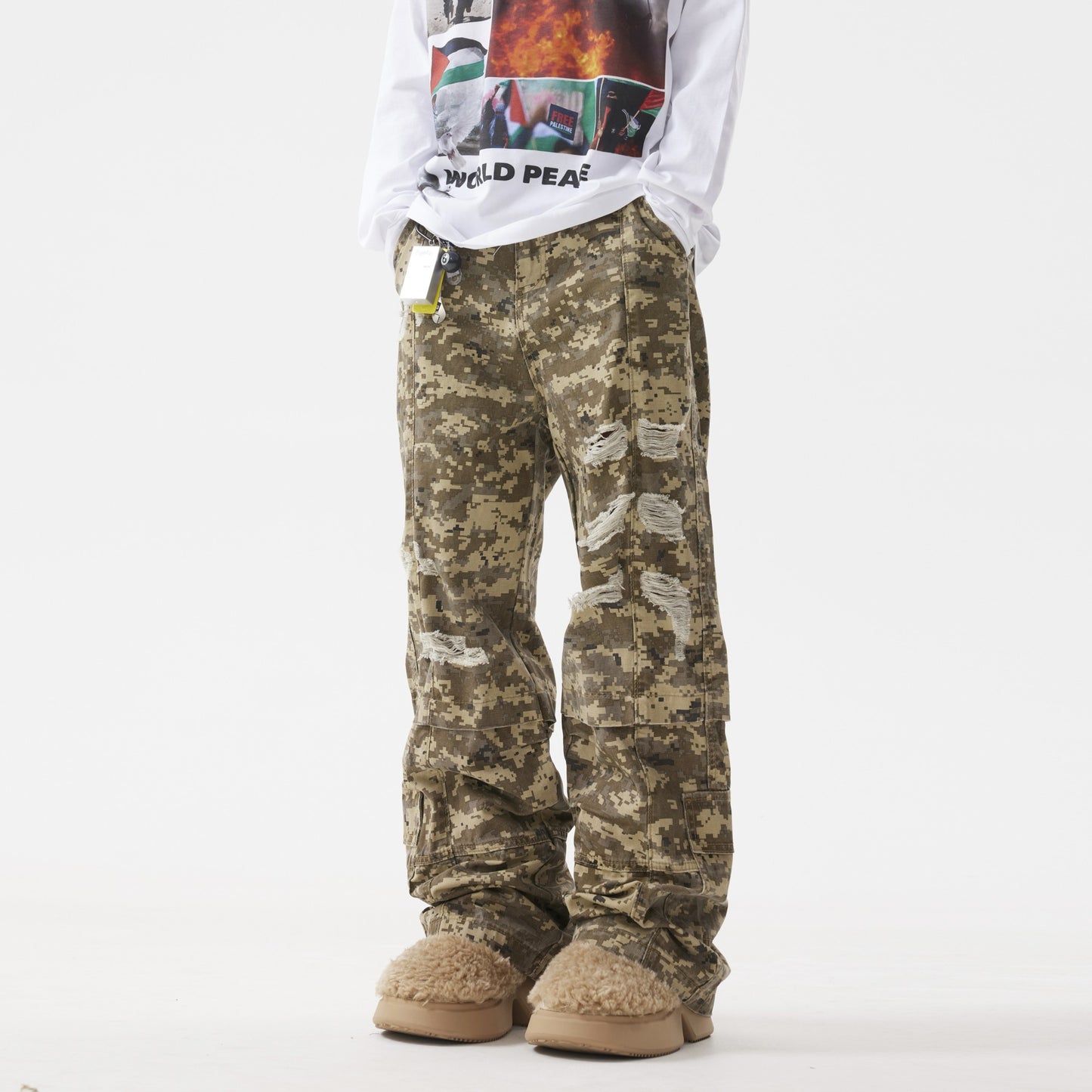 BTSG American retro distressed mosaic desert camouflage overalls vintage distressed loose straight trousers