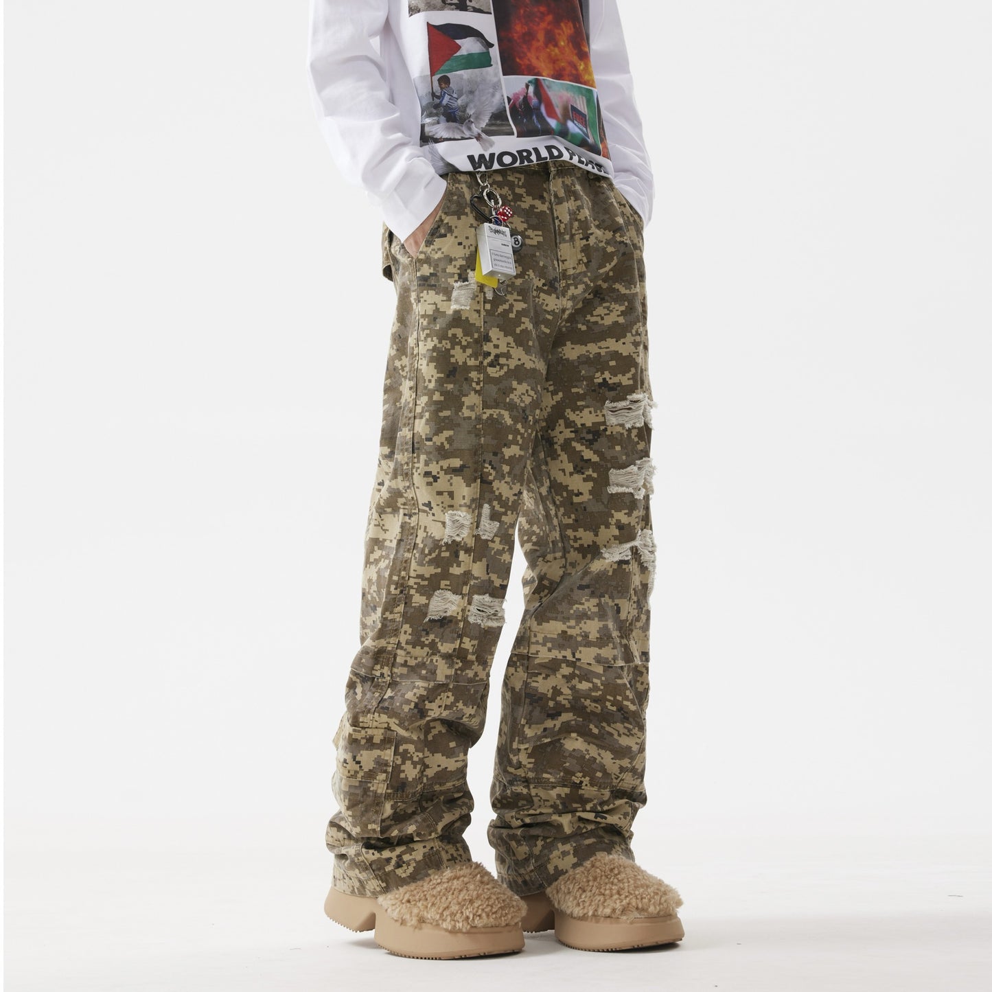 BTSG American retro distressed mosaic desert camouflage overalls vintage distressed loose straight trousers