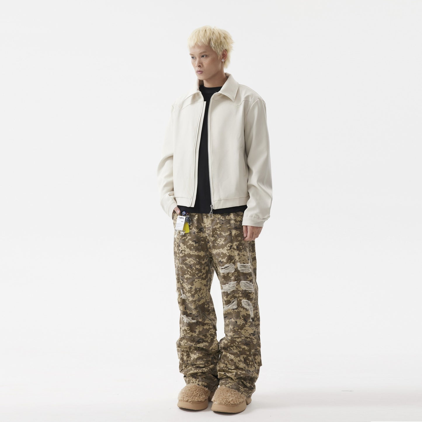 BTSG American retro distressed mosaic desert camouflage overalls vintage distressed loose straight trousers