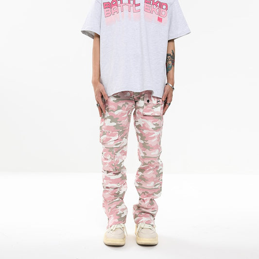 BTSG American retro camouflage pink multi-pocket zipper functional overalls for men and women high street vibe stacked trousers