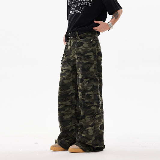 BTSG*American retro washed distressed camouflage three-dimensional multi-pocket overalls loose straight wide-leg casual pants