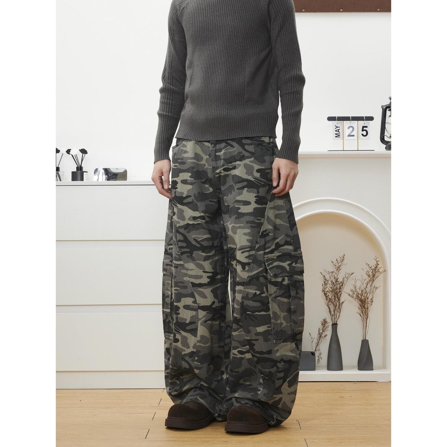 BTSG American retro silhouette camouflage multi-pocket machete overalls reverse design loose wide-leg casual trousers