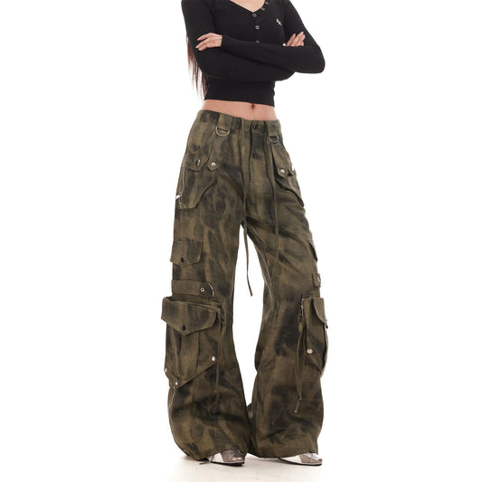 BTSG heavy washed distressed tie-dyed multi-pocket deconstructed overalls American loose wide-leg flared casual trousers