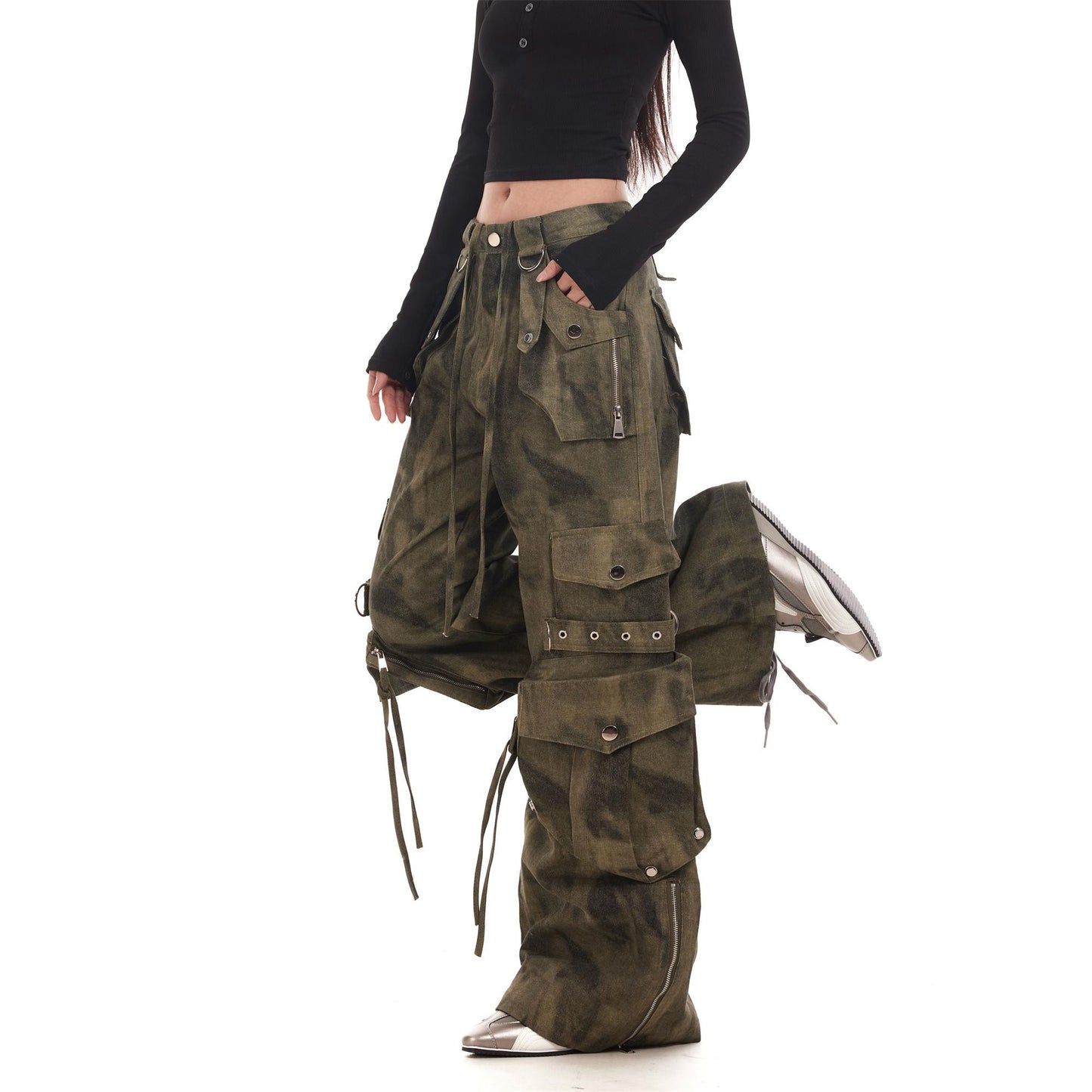 BTSG heavy washed distressed tie-dyed multi-pocket deconstructed overalls American loose wide-leg flared casual trousers