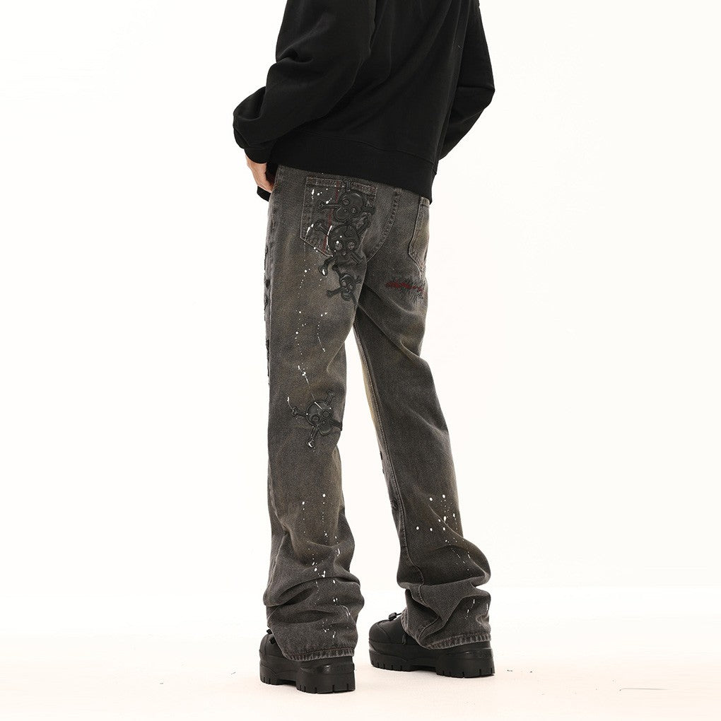 BTSG American retro high street leather embroidery ink-splashed jeans niche hip-hop advanced stacked flared trousers