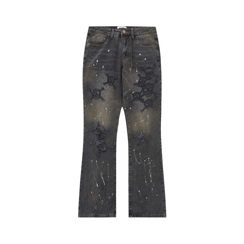 BTSG American retro high street leather embroidery ink-splashed jeans niche hip-hop advanced stacked flared trousers