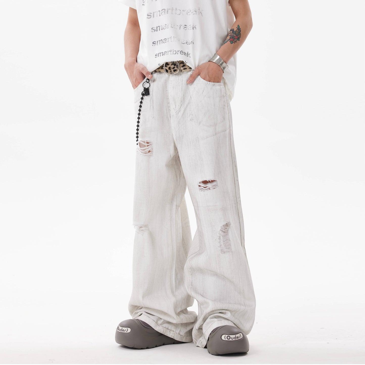 BTSG * American retro tie dye ripped hole dirty white jeans niche wasteland style loose wide leg pants men