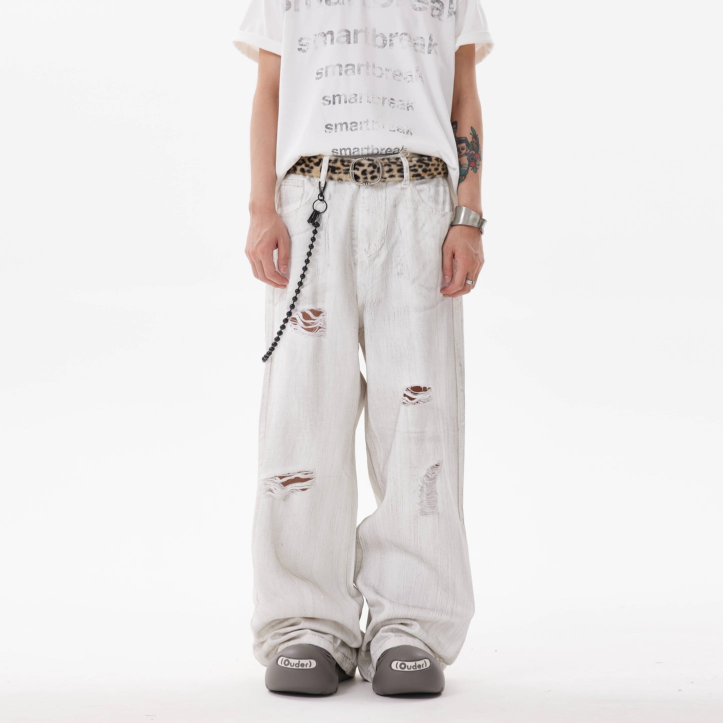 BTSG * American retro tie dye ripped hole dirty white jeans niche wasteland style loose wide leg pants men