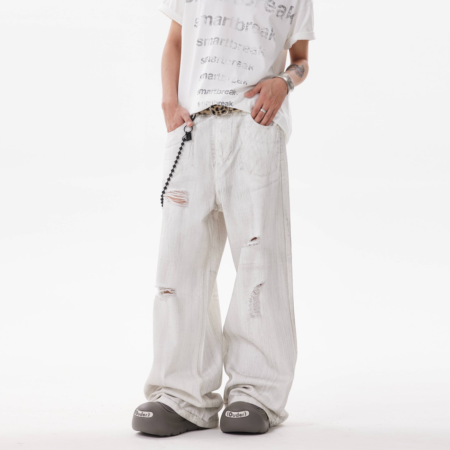 BTSG * American retro tie dye ripped hole dirty white jeans niche wasteland style loose wide leg pants men