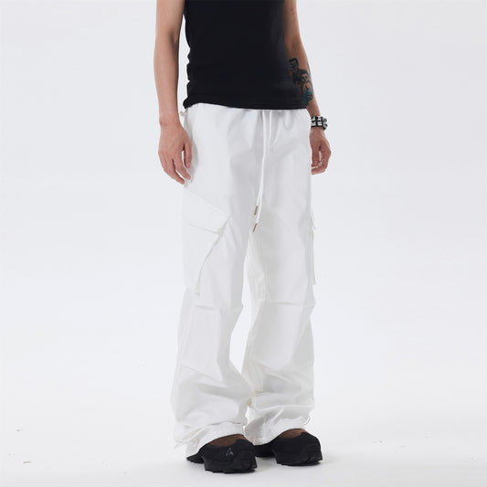 BTSG*American retro drawstring elastic waist large pockets pleated loose straight white casual paratrooper overalls