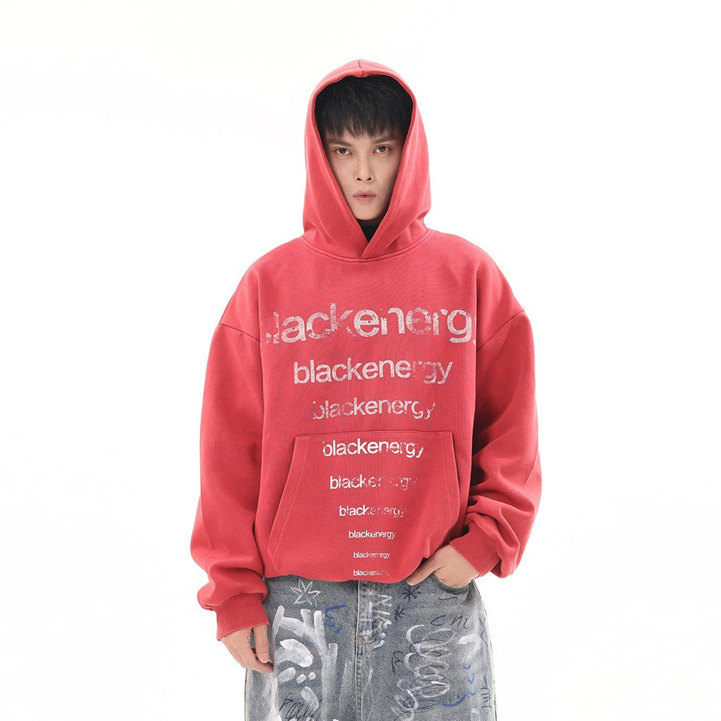 BTSG American retro washed old letter printed hooded sweatshirt trendy high street loose couple pullover hoodie