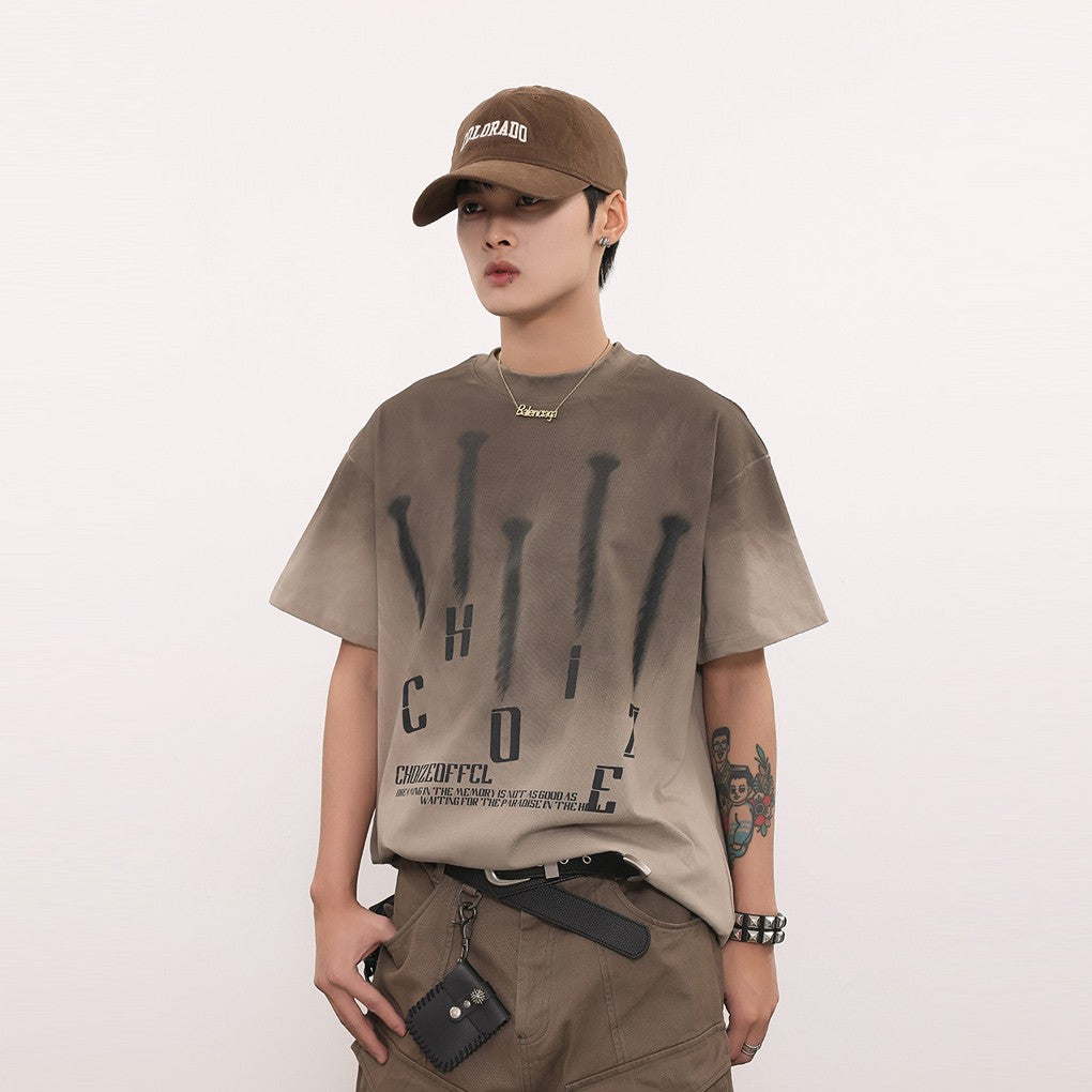 BTSG* American retro washed old gradient letter print short-sleeved T-shirt niche handsome hip-hop loose half-sleeve