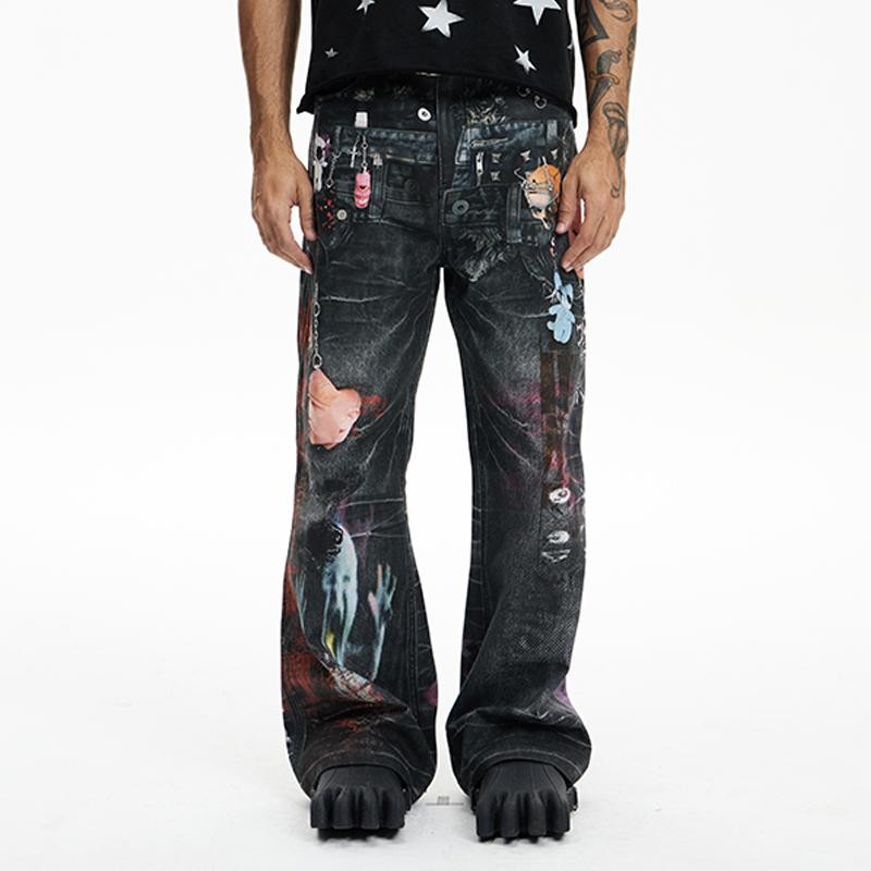 DND4DES original niche design dark style cartoon print pants double waist flared straight jeans