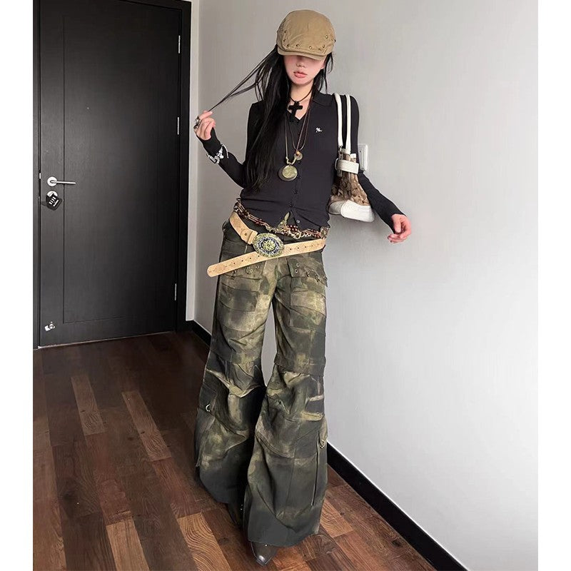 DND4DES Lee Taemin's same American style wasteland style washed dirty dyed Cargo pants loose flared camouflage overalls