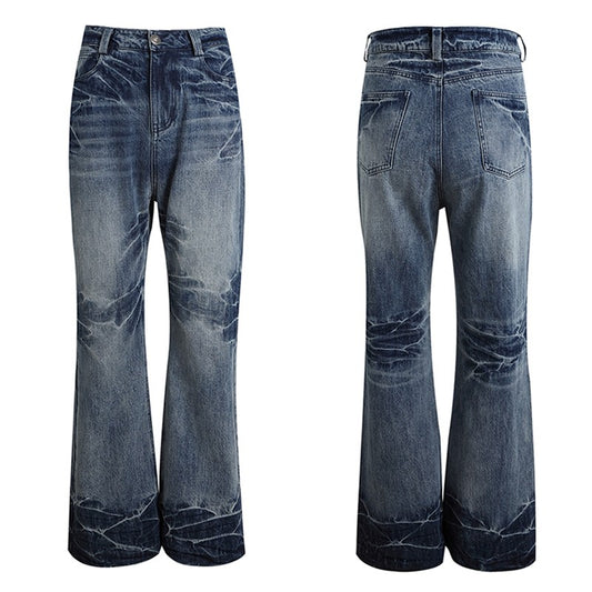 DND4DES American retro Cleanfit lightning pattern heavy washed blue cow distressed jeans straight leg flared