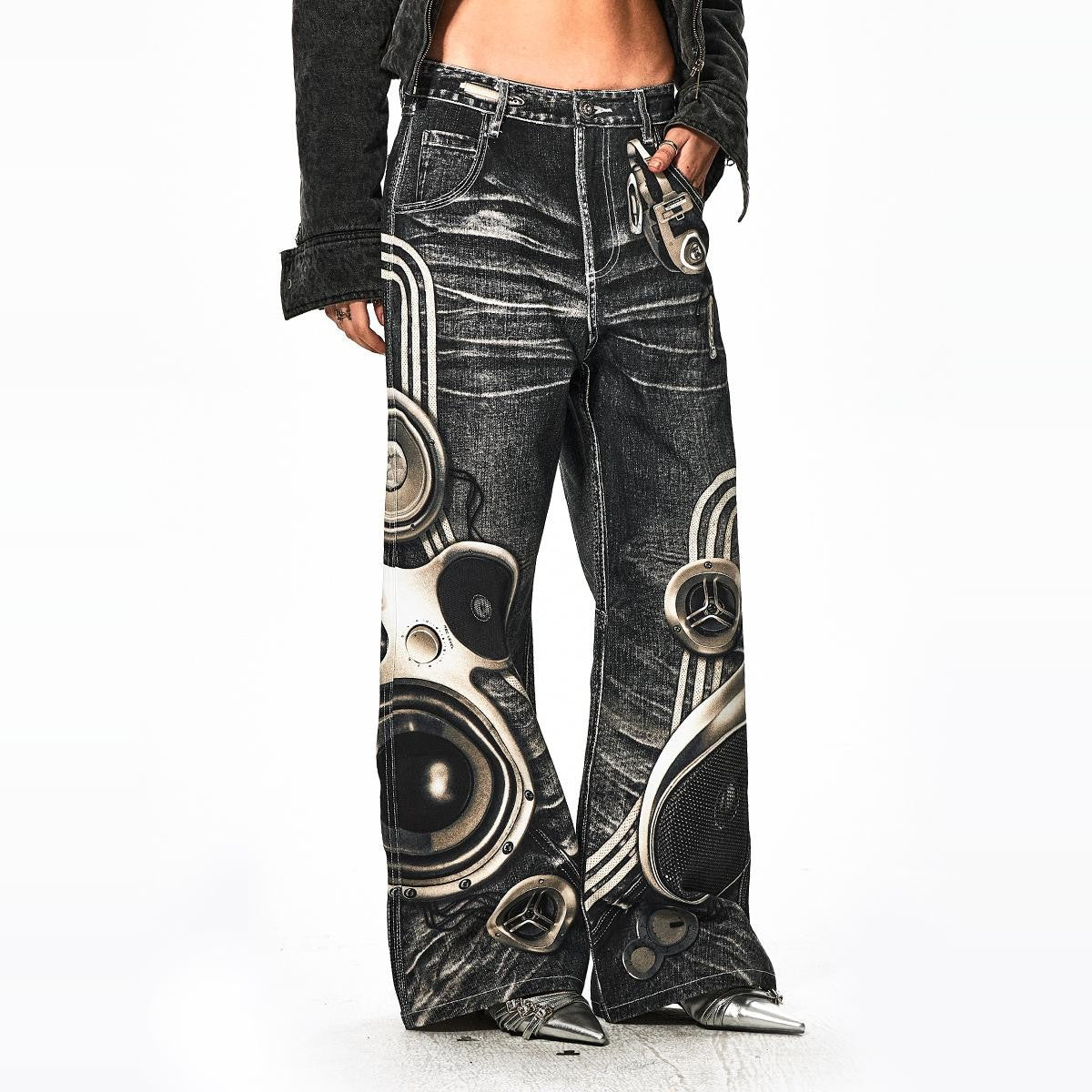 DND4DES &quot;Sound Pants&quot; original niche design printed electronic flared straight pants, the same style as Li Gengyun