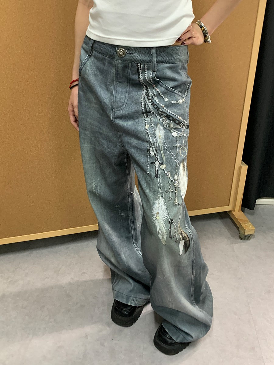 DND4DESxFaychui original 3D digital pearl chain print washed distressed jeans straight leg flared