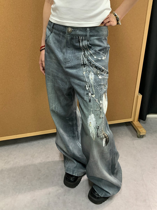 DND4DESxFaychui original 3D digital pearl chain print washed distressed jeans straight leg flared