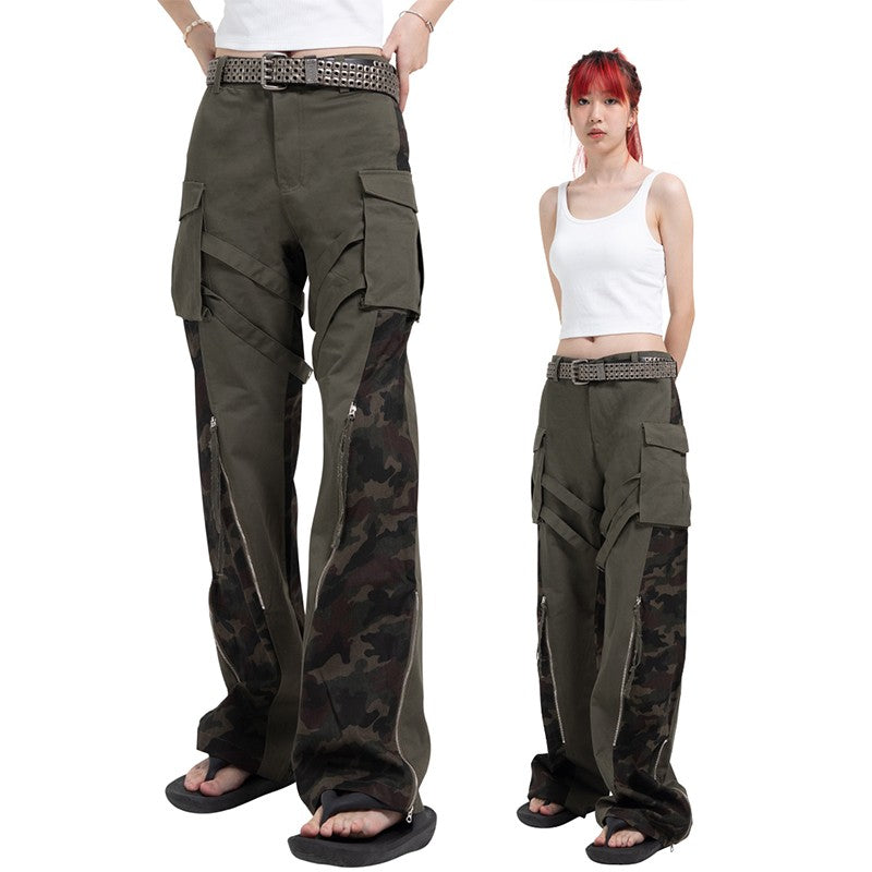 DND4DES original design deconstructed washed distressed straps loose straight army green camouflage pants overalls