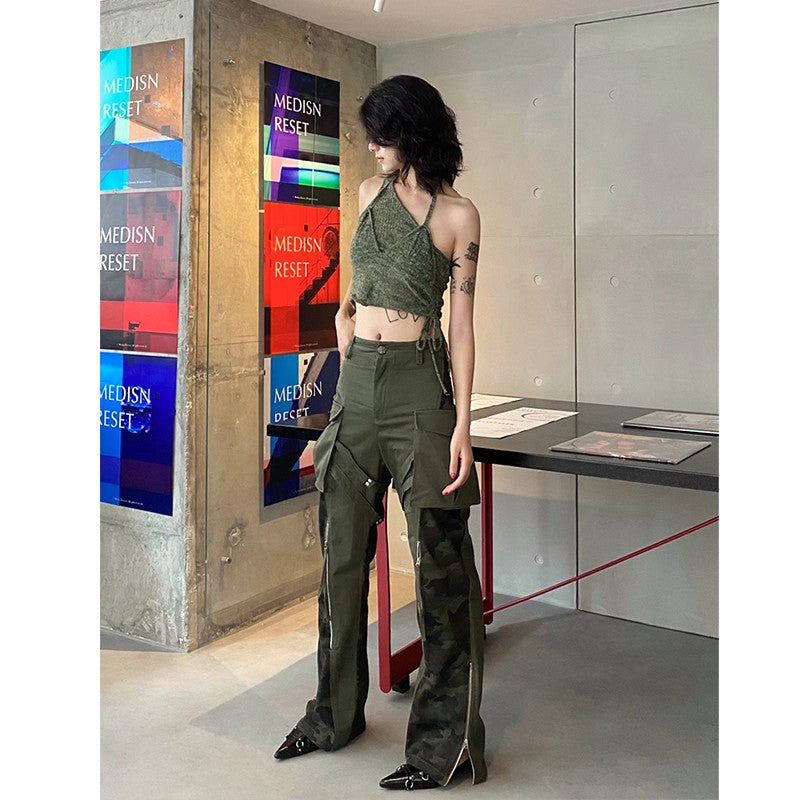 DND4DES original design deconstructed washed distressed straps loose straight army green camouflage pants overalls